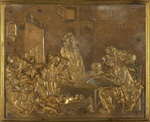 Scena di interno con molte figure, placca in bronzo dorato, inizi secolo XIX