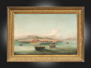Antique oil painting on canvas with a contemporary frame depicting a view of Naples. 19th century period.