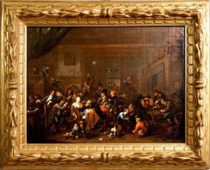 Interno di osteria animata da molte figure, olio su tela scuola francese fine secolo XVII inizi secolo XVIII