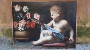 Antike Malerei "Kind mit Blumen" aus dem 17. Jahrhundert