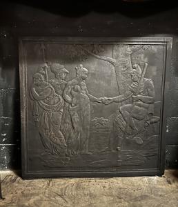 P271 - Large cast iron fireback with mythological figures, dimensions cm W 98 x H 94