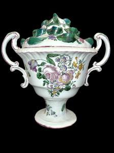 Double-handled majolica essence vase with pierced lid and raised leaves. Rose decoration. Made by Geminiano Cozzi. Venice.