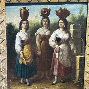 Antica pittura ad olio su tela, tre donne del popolo Ciociaria Arte popolare 1868 Mis. 27 x 25