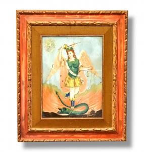 San Michele Arcangelo che sconfigge il Drago - Pittura su vetro - Romania Seconda Metà XIX Secolo 