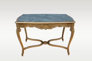 Antico tavolo da salotto del 1800 stile Luigi XV dorato foglia oro e con marmo verde alpi