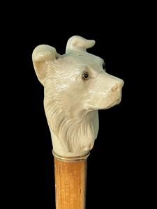 Stock mit Elfenbein-Knauf in Form eines Hundekopfes.
