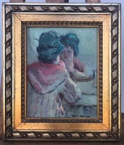 Dipinto olio su tavola,titolo: il trucco.Firma:Bianchi 1963.