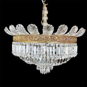 Grande Plafoniera Italiana In Cristallo, Sei Luci, Corone in Bronzo Dorato, 1960 - Foto 8