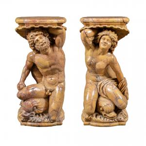 Scultore italiano (XIX-XX secolo) - Coppia di sculture reggi-vaso raffiguranti Poseidone e Anfitrite.