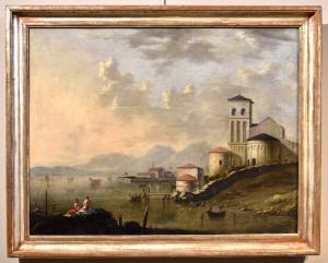 Paisaje costero mediterráneo, pintor flamenco activo en Italia en el siglo XVIII