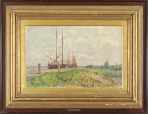 Giuseppe Sacheri (Gênova 1863 Pianfei CN 1950), Barcos ao longo do canal na Holanda, óleo assinado no canto inferior direito
