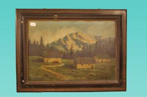 Antiga pintura italiana a óleo sobre painel, paisagem montanhosa