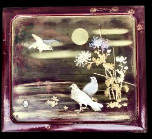 Mahogany wood box with various material and mother-of-pearl inlays depicting birds and vegetation. China.
