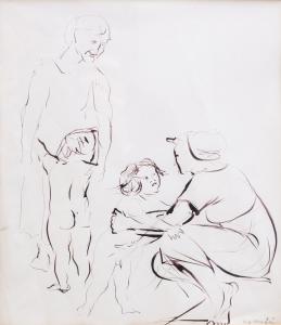 Disegno ad inchiostro su carta, “La Famiglia”, di Giacomo Manzù, firmato, 1961, Ink drawing on paper, "The Family," by Giacomo Manzù, signed, 1961