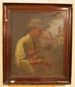 Antiga pintura a óleo sobre cartão do século XX "Rapaz com guitarra"