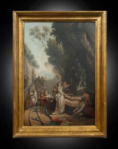 Pintura antiga a óleo sobre tela representando uma cena de gênero em um ambiente aristocrático. Veneza, século XVIII.
