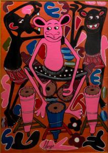 "Percussion" - Ölgemälde auf Leinwand von George Lilanga, Ölmalerei auf Leinwand von George Lilanga