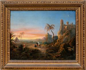 Orientalistischer Maler (19. Jh.) - Landschaft mit Wanderern, Ruinen und Pyramide.