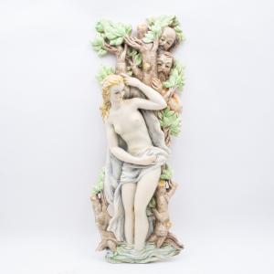 Polychromes Keramik-Bassrelief von Petucco & Tolio, "Susanna und die Alten", 1946, signiert