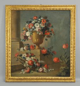 Antonio Michele Rapous (Torino 1733 1819) Architettura e Natura morta di fiori, olio su tela in cornice coeva