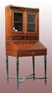 Antigo gabinete francês do século XIX, estilo Luís XVI, com escrivaninha e vitrine superior