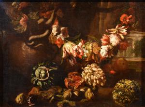 Grande natura morta di fiori e frutta, Aniello Ascione (Napoli, notizie dal 1680 al 1708)