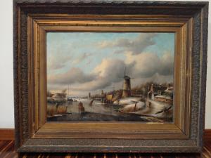 1800s Dutch oil on canvas, signed landscape with frozen river