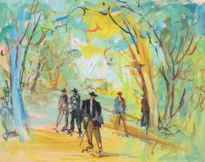 Tempera on cardboard, by Luigi Spazzapan, "Walk in the park," First half of the 20th century