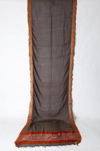 Antico Sari indiano colore marrone, bordo rosso mattone ed oro - B/1524