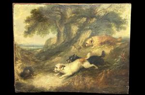 Dipinto, olio su tela, "Terriers che inseguono un coniglio" firmato G. Armfield - XIX sec. 