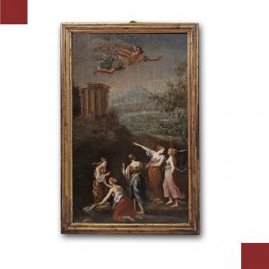 PITTURA A OLIO SU TAVOLETTA LIGNEA MERCURIO E LE FIGLIE DI CECROPE FINE XVIII SECOLO