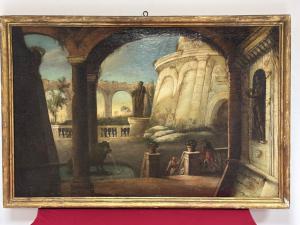 18th-century Italian oil painting on canvas, Architectural Capriccio with figures