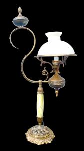 Bronze lamp with alabaster stem and opaline glass lampshade.