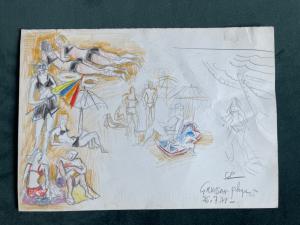 Desenho esboço a pastel sobre cartão com personagens na praia. Autor: Gabriel Paris (1924-2000). França.