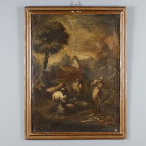 Gemälde Landschaft mit Hirte und Schafen