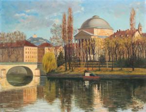 "Veduta di Torino dal lungo Po", di Marco Perotti, olio su tela, firmato e datato in basso a destra, 1965, "View of Turin from the Long Po", by Marco Perotti, oil on canvas, signed and dated lower right, 1965