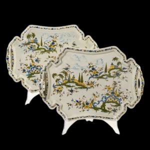 Coppia di vassoi con manici in maiolica , Antonibon , cm 48 , XVIII secolo VENDUTI