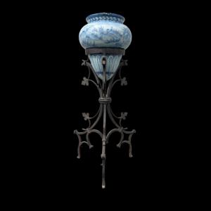Majolica vase with Savona-style decoration and original wrought iron support. Cantagalli Manufacture. Florence.