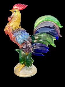 Grande gallo in vetro pesante multicolore con inclusioni oro.Aldo Nason per  A.Ve.M, Murano