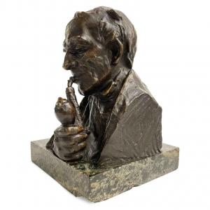 Hans Muller Busto d’Uomo con Pipa in Bronzo Fine 1800