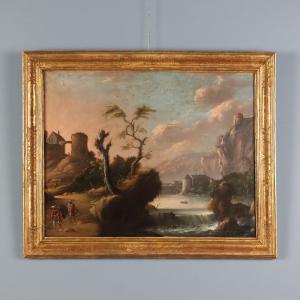 Dipinto Paesaggio con Figure ed Edifici