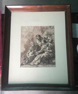 Disegno a inchiostro raffigurante Sacra Famiglia con San Giovannino.Da Simón Vouet.Francia.