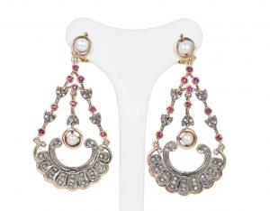 Antique-style earrings in 14k gold and silver with diamonds, rubies, and pearls.