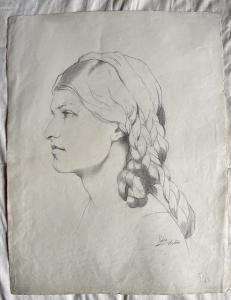 Desenho a lápis sobre papel, perfil de mulher renascentista. Arturo Pietra. Bolonha.