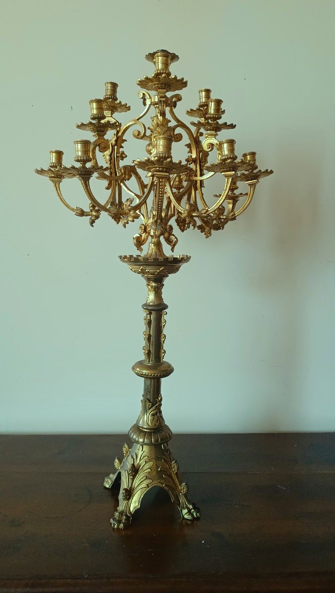 Grande candeliere in bronzo dorato al mercurio,15 luci, seconda meta' XIX secolo