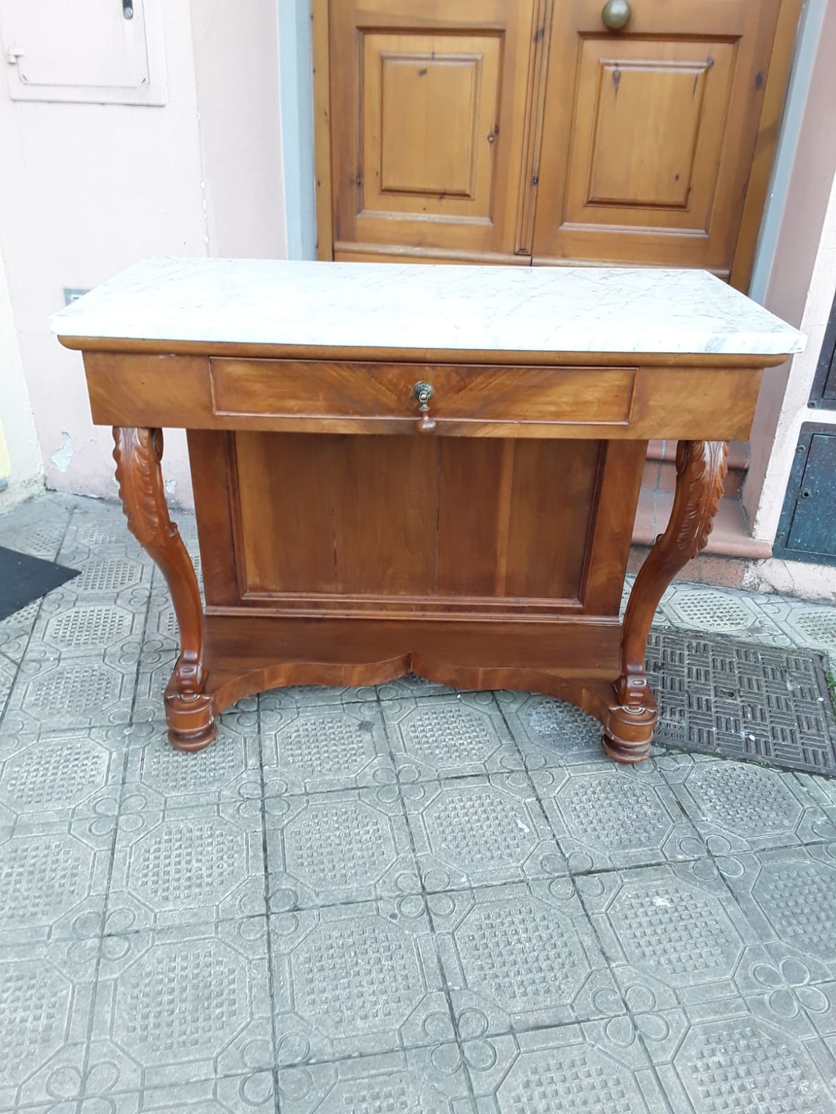 Consolles in noce piano marmo carrara epoca 1800 con cassetto con alzata traforata l100xp59xh88x garanzia termini di legge 