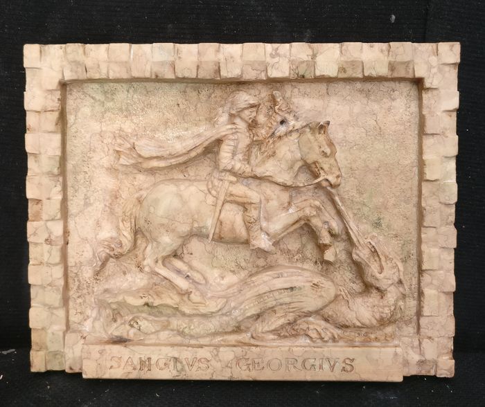 Mattonella - San Giorgio ed il Drago - 45 x 35 cm - Marmo Rosa del Garda - 19° secolo - Venezia