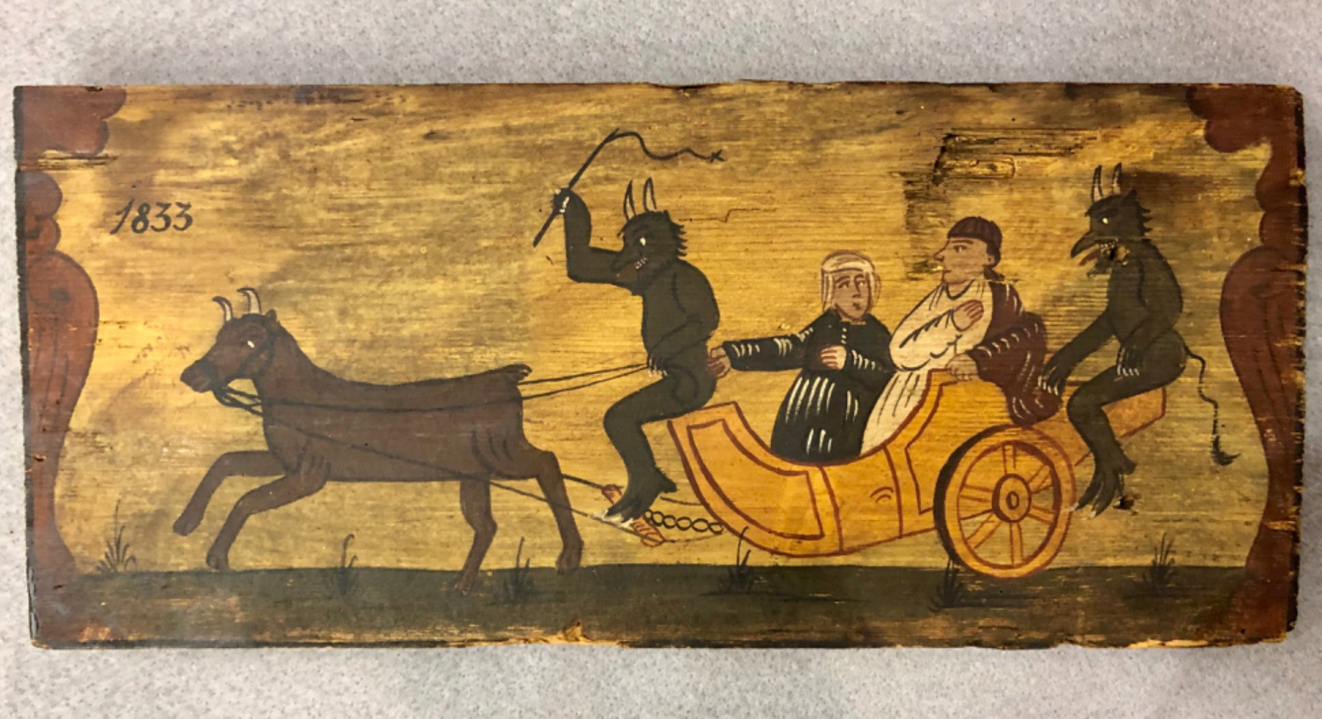 Pannello in legno dipinto di carretto siciliano con scena dipinta personaggi con diavoli.data 1833.
