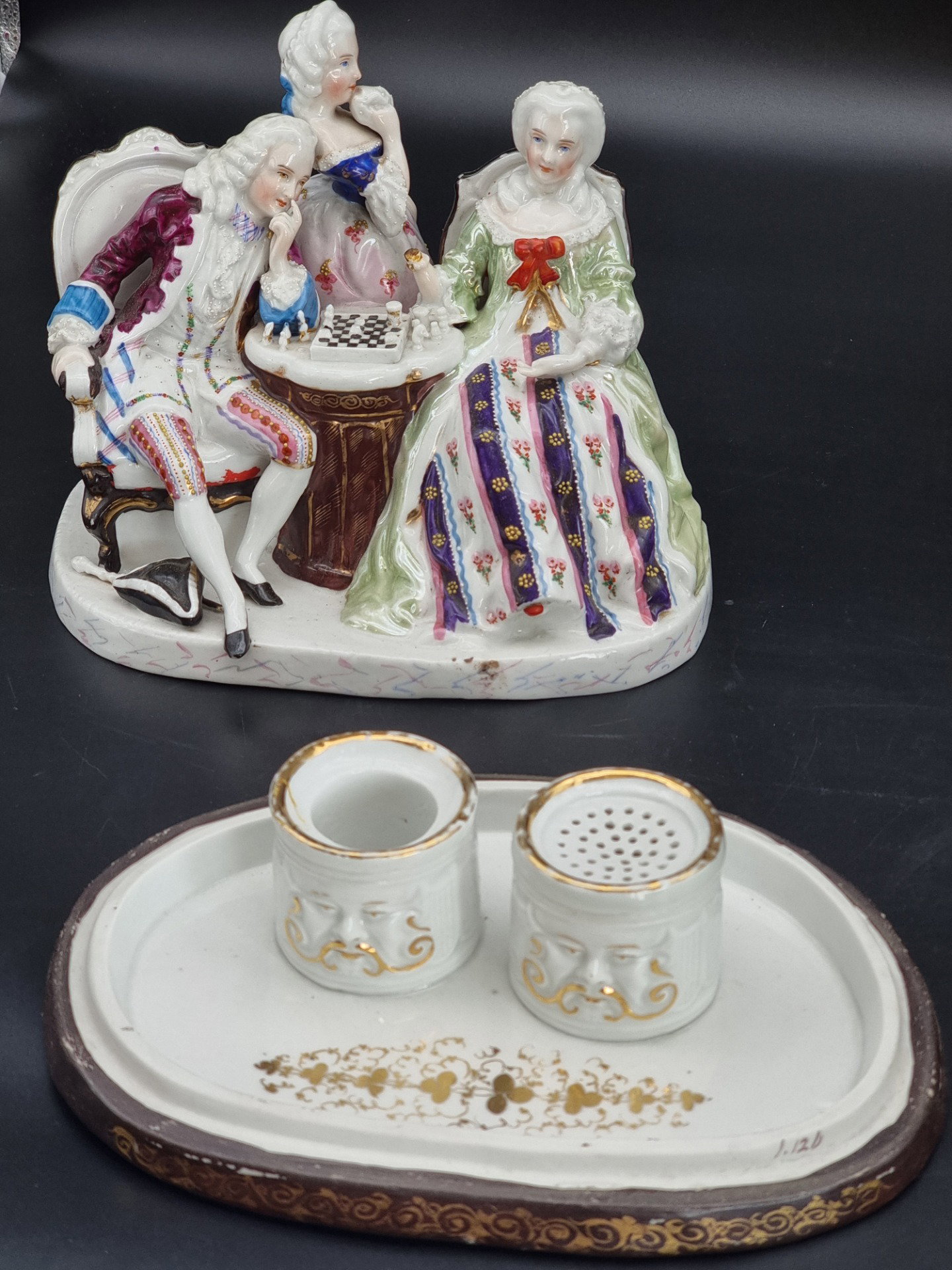 Polychrome porcelain group with gallant scene and chessboard – Northern Europe, 19th century
