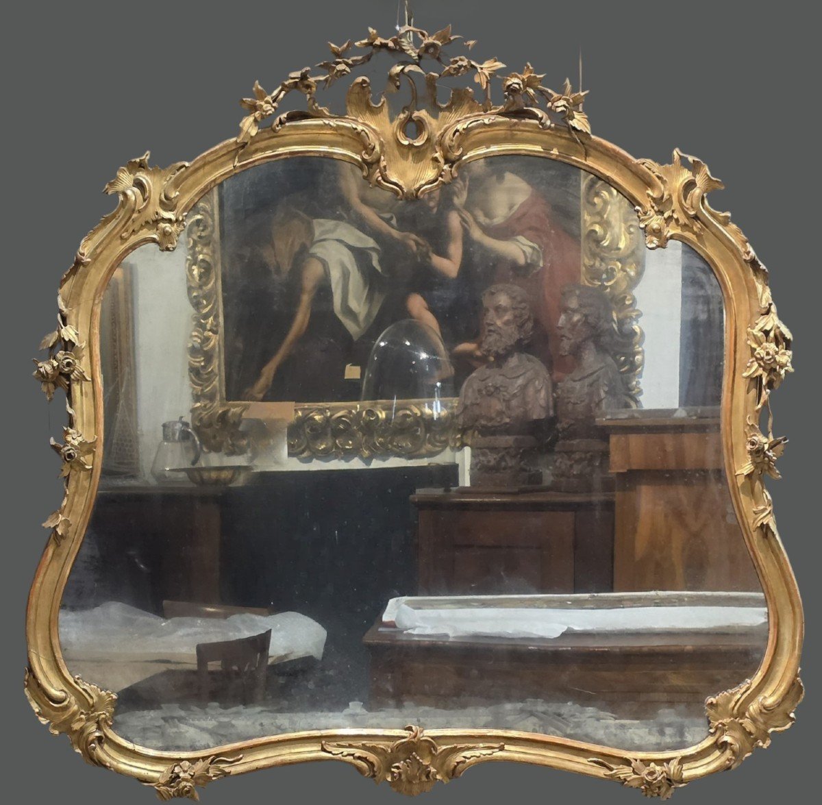 Gilded Venetian mirror, Charles X, gold leaf, mercury mirror, 1820